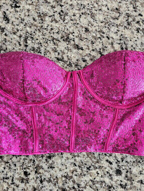 Lulus Womens Sz XS Cropped Strapless Top Bright Pink All Over Sequin Bustier
